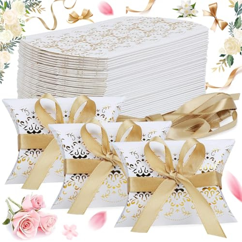 HoufuJC 50 Pezzi Scatole di Caramelle per Cuscini, Scatole per Bomboniere, Kit con Nastri Dorati, per Bomboniere, Forniture per Feste di Compleanno per Baby Shower (Bianco, Oro)
