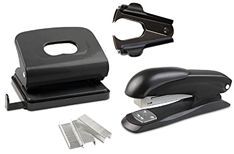 Idena 12086 - Office Set 4-teilig, Locher, Heftgerät, Heftklammer-Entferner und Heftklammern 24/6