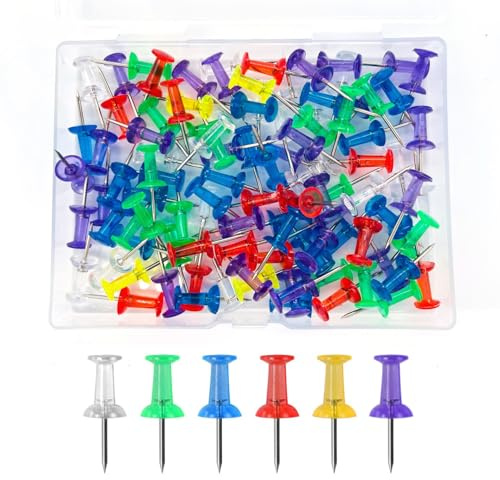 Coloured Push Pins Thumbtacks Drawing Pins for Walls Notice Board Pins Clear Drawing Pins for fixing, bulletin board pushpins (100 pcs,Colorful)