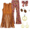 Hippie Kostüm Damen Set mit Fransen Weste ärmellose 70er Jahre Damenhose und Hippie Kleidung Damen zubehör 60er 70er Hippie Bekleidung Halloween Outfit Hippie FaschingSkostüme für Karneva Disco(L)