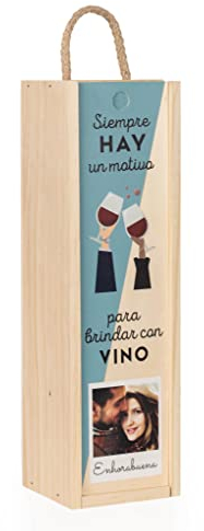 Wanapix | Caja de Vino Personalizada con Fotos y Textos | Caja de Madera con Tapa Corrediza y Asa | Capacidad 1 Botella | Regalo Original | 11 x 37,5 x 10,5 cm