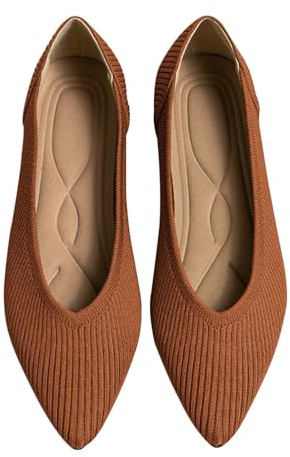 TINGRISE Women's Flats Shoes Pointed Toe Knit Ballet Comfortable Dressy Slip On Flat Brown US7