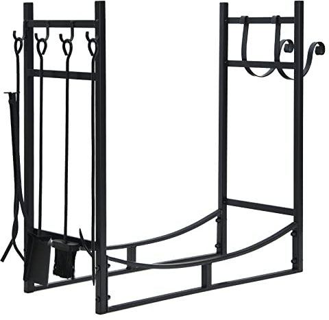 GYMAX Range-Bûches 76.2CM, Abri de Bûches avec 4 Outils, Brosse, Pelle, Tisonnier et Pinces, Porte-bûches pour Cheminée pour Intérieur et Extérieur