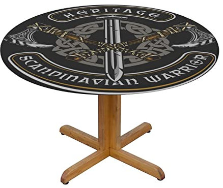 Lsjuee Round Fitted Tablecloth 40-44in Elastic Edged Table Cloth for Kitchen Dining Party Home Decor - Viking Symbol Axe Black