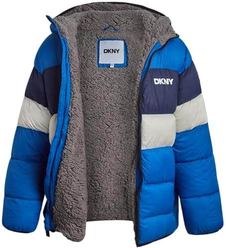 DKNY Boys Puffer Jacket - Heavyweight Sherpa Lined Hooded Bubble Puffer with Pockets - Warm Insulated Winter Jacket for Boys, Size 14-16, Blue Royal/Navy/White