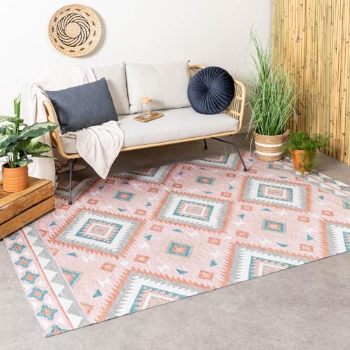 FRAAI | Home & Living Outdoor Teppich Boho - Vedra Aztec Rosa - Wetterfest - Polypropylen - Flachgewebe - Garten/Terrasse - Terrasse - Rug