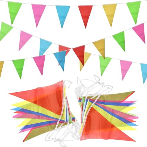 Rseuphiee Wimpelkette Outdoor, 100m Wimpel Outdoor Mehrfarbig Dreieck, Wimpelkette Outdoor Wetterfestes Gewebe, Geburtstag Wimpel, Regenbogen Deko für Geburtstag Party Indoor Outdoor Dekoration.