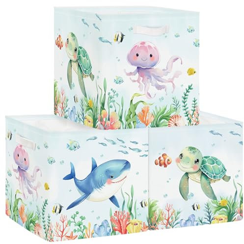 HUUMONSS 11.8 Marine Animals Storage Cube Organizer Set 3Pcs Clothes Storage Basket Bin for Home Ocean Sharks Turtles Kid Book Toy Chest, Jellyfish