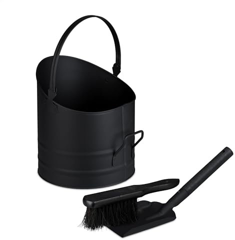 Relaxdays Secchio Raccogli Cenere e Legna da Ardere, Cestello 9,5 L con Scopa e Paletta da Camino, Cestino Ferro, Nero