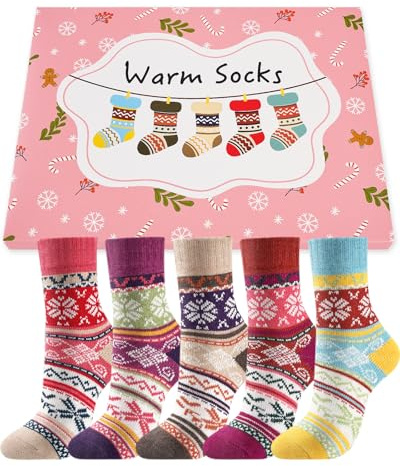 Stoeury 5 Pairs Womens Thermal Winter Wool Socks Breathable Cozy Thick Warm Knit Ladies Colourful Bed Socks, Holidays Birthday Christmas Gift for Women Ladies Wife Mum Friends