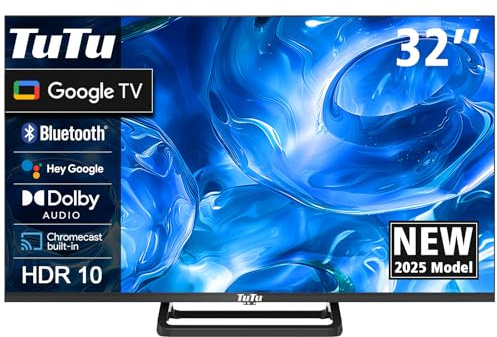 TuTu TUG32HQ1C Smart TV 32 Pollici, Google TV LED Televisori con Wi-Fi, Bluetooth 5.0, App Store, Triple Tuner (DVB-T/T2, DVB-C, DVB-S/S2), HDMI, USB, Base Centrale [2025]