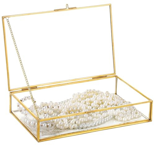 Vintage gyllene glaslåda, smyckes- och minnessaksorganisatör, visningsfodral med lock, 20 x 14 cm x 4,5 cm