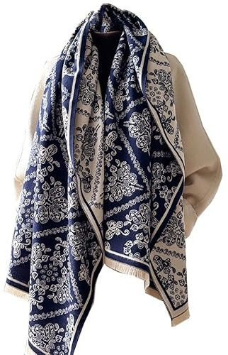 FairyCity Women's Soft pashmina Shawl Oversized Winter Warm blanket Scarf Long Cashmere Shawls Wraps Blue Floral Pattern Scarves