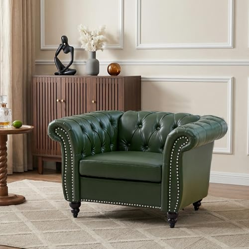 AVZEAR Leather Upholstered Armchair, Single Sofa Chair with Rolled Arms and Nailhead, Mid-Century Modern Tufted PU Chesterfield Chair for Living Room, Bedroom, Office, Apartment, PU Green