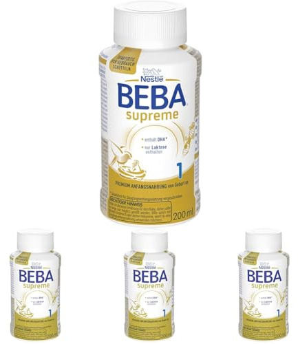 BEBA Nestlé BEBA SUPREME 1 Anfangsmilch: trinkfertige Portionsflaschen, mit Omega 3, 4er Pack (1 x 200ml)