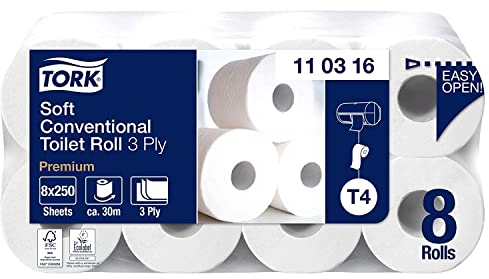 Tork 110316 Premium Rotoli Carta Igienica Tradizionale Soft, 3 Veli, Compatibile con Sistema T4, 1 X 8 Rotoli a Confezione (Cad 8 X 250 Strappi), Bianca