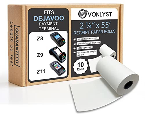 Vonlyst Thermal Receipt Paper Rolls for Dejavoo Z8 Z9 Z11 P1 P3 P8 QD1 QD2 QD4 QD5 – 2 1/4 x 55 BPA Free Credit Card Machine & POS Printer Paper with Red End Warning Stripe – 10 Pack