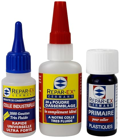 Repar-ex - Lot Colle Extra Forte 20g + Poudre d’Assemblage 30g + Primaire Plastique 15ml – Colle Industrielle Polyvalente – Ultra Résistante – Plastiques Difficiles, Métaux, Bois, Verre
