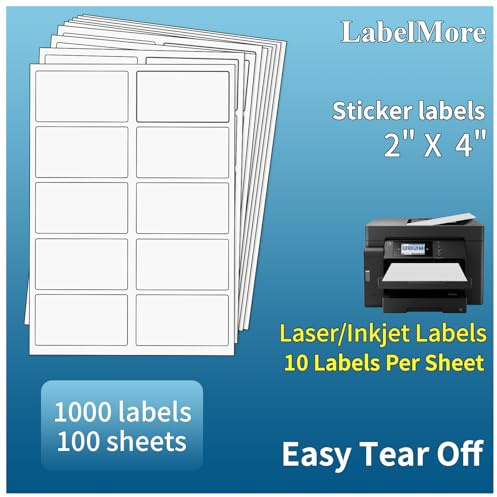 LabelMore 1000 2 x 4 Shipping Address Labels, Inkjet & Laser Compatible, Permanent Adhesive, 100 Sheets (10 Labels Each)