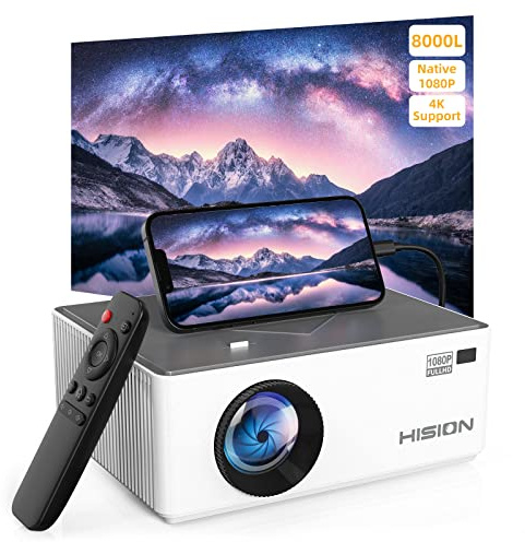 Miniprojektor inbyggd 1080P utomhusfilmprojektor, HISION 8 000 L bärbar hemmabio 4K stöder videoprojektor kompatibel med TV-stick, HDMI, VGA, USB, bärbar dator, DVD, iOS och Android-smartphone