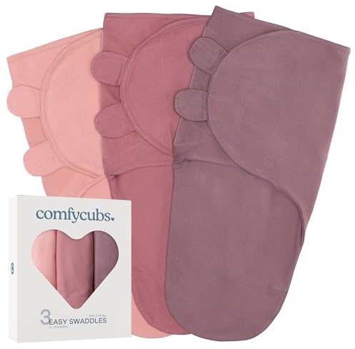 Comfy Cubs Easy Swaddle Blanket, 3 Pack - 100% Cotton Newborn Wrap, Small for 0-3 Months Infants, Breathable and Durable Sleep Sack for Babies - Blush, Mauve & Mulberry