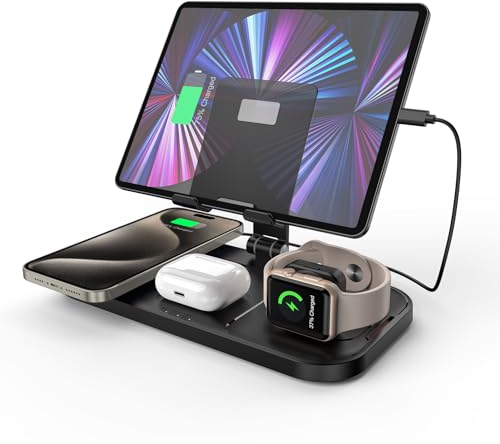 kabelloses Ladegerät für Apple, 4 in 1 Drahtlose Ladestation für iPhone 17/16/15/14/13/12, Ladestation für Apple Watch 10/9/8/7/6/SE, Ladegerät für AirPods 4/Pro, iPad, 2 Ladekabel Enthalten (Schwarz)