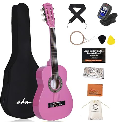 ADM 1/4 Kindergitarre Junior-Konzertgitarre für Anfänger mit Clip-Stimmgerät, Tasche, Gurt, Zusätzlichen Saiten und Plektren, Rosa