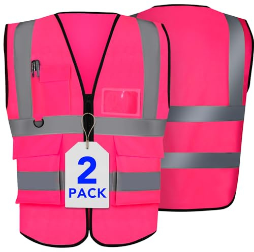 XPCARE 2-Pack Safety Vest Hi Vis Reflective Vest with Pockets Pink (L)