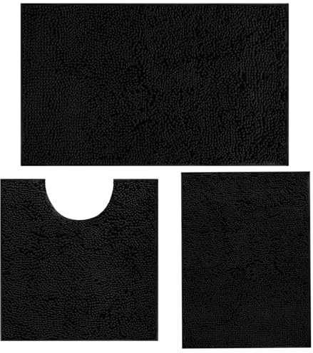 RUN HELIX Black Badezimmerteppich Set 3 Stück, Badematten-Set für das Badezimmer, Badteppich rutschfest Waschbar Badematten & Badteppiche, Badezimmer Anzug für Dusche, Badewannen (Schwarz)