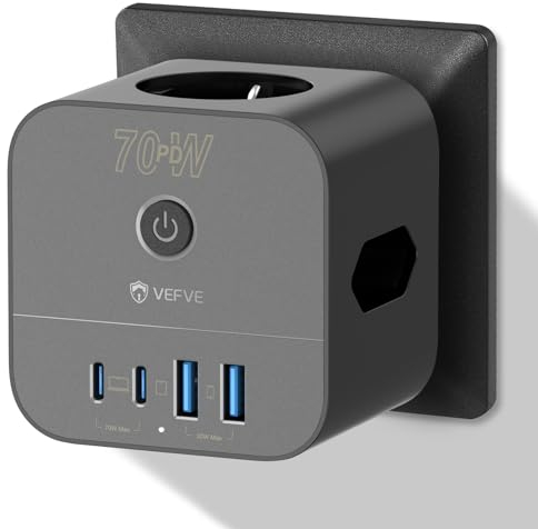 VEFVE 70 W USB C-Ladegerät, 7-in-1 würfelsteckdose mit Schalter, GaN-III Technologie, USB-Schnelllade-Mehrfachsteckdose für Laptop, Telefon, MacBook Pro, iPad Pro, iPhone, Galaxy