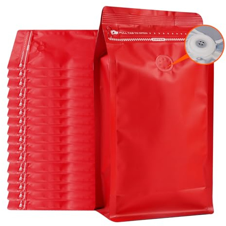 Bolsas de café con válvula (50 unidades, 32 onzas/2 libras), papel de aluminio de alta barrera roja, parte inferior plana, bolsas de almacenamiento de granos de café, bolsas reutilizables con