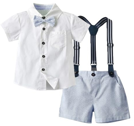 Volunboy Bébé Garçon Ensemble Costume, Manches Courtes Noeud Papillon Chemise avec Short Bretelle Barboteuse（Bleu Clair Blanc，18-24 mois，Taille 90）