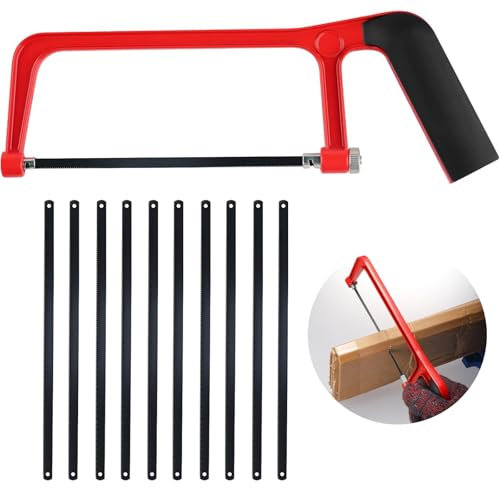 YSUY Red Hacksaw for Metal Cutting, Small Craft Saw with Adjustable Angle, Includes 10 Standard Saw Blades