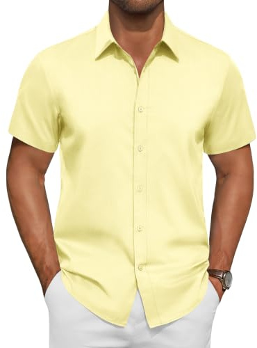 siliteelon Mens Shirts Stain Shield Short Sleeve Yellow Dress Formal Shirts Stretch Men's Shirt Plain Cotton Regular Fit Casual Business Shirt for Adult