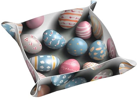 Llkgot Plateau de rangement en cuir imprimé d'œufs de Pâques multicolores - Petit plateau en cuir PVC double face de qualité pour un rangement et une organisation pratiques