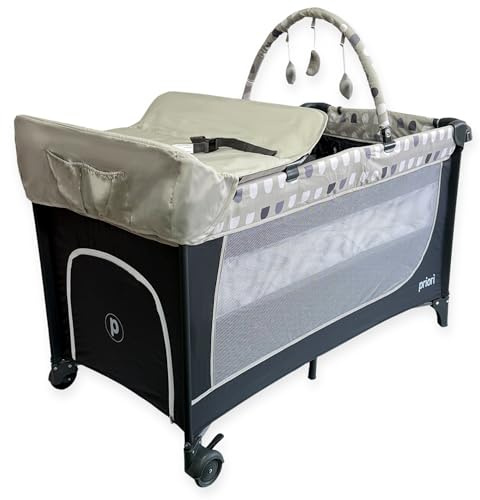 Priori Baby Nauta Cuna de Viaje Plegable 5 en 1 para Bebé – Portátil, Parque, Cambiador, Gimnasio y Organizador – Malla Transpirable Ruedas con Freno Bolsa de Transporte – 0-3 Años hasta 15 kg (Gris)