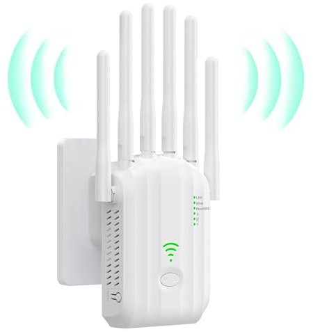 Repetidor WiFi, Amplificador de Señal WiFi,6 Antenas, 2 Puertos LAN,Extensor WiFi/Router/Repetidor/Ap Modo,Cobertura Total de 360°,Cobertura de hasta 1200 pies Cuadrados, para hogar y Oficina (Blanco)