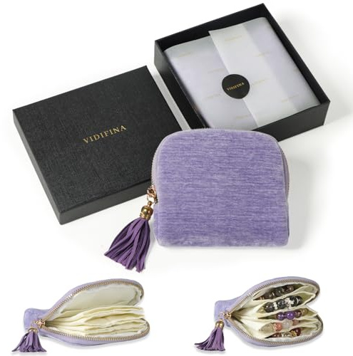 Vidifina Small Travel Jewelry Case, Mini Travel Jewelry Bag with Zipper, 5-Layer Velvet Jewelry Pouch for Bracelet Rings Earrings - Chenille Velvet Light Purple
