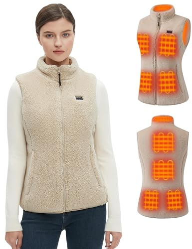 Hecusma Khaki Fuzzy Heated Vest for Women with 16000mAh 7.4V Battery Pack Included, Sherpa Heated Vest Women, Fleece Heating Vests Cycling-XL