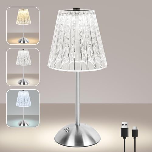 vsshe Cordless Touch Table Lamp, LED Rechargeable Desk Lamp, Bedside Reading Light, 3 Colors Dimmable Battery Operated Vintage Ambient Lamps for Bedroom Restaurant Kitchen Bar Home Decor