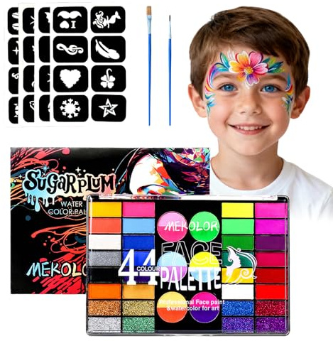 Yeelan Set trucco per bambini, 44 colori, trucco per bambini, trucco per Halloween, body painting, 32 stencil, 2 pennelli, trucco per bambini, trucco teatrale, Halloween, carnevale