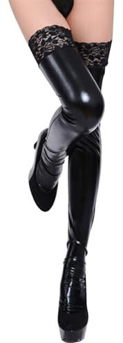 Gatamiau Calze di Pelle Sopra il Ginocchio Stocking per Halloween Donna Verniciata Sexy Lunghi Calzettoni di Coscia Overknees Clubwear Festa Cosplay Taglia Unica Nero