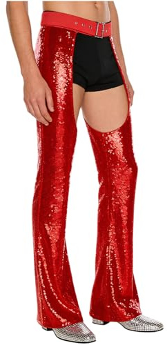 Moily Mens Halloween Party Cosplay Sequin Bell Bottom Pants Bottomless Jodhpurs Performance Trousers Red XX-Large