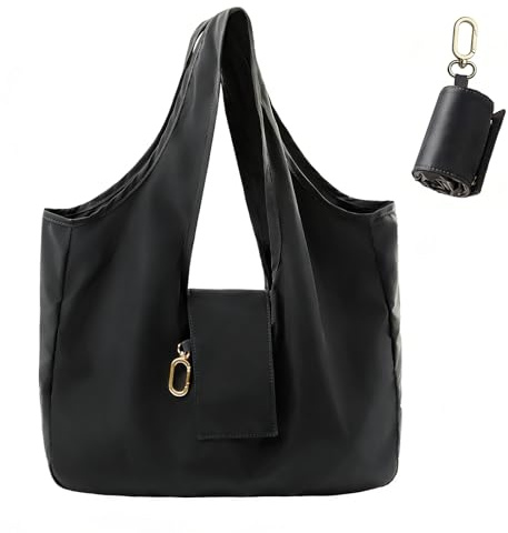 Keychain Tote Bag, Foldable & Reusable Mini Bags with Key Ring, Waterproof Expandable Handbag for Daily (Black)