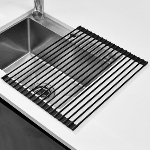 KitchenRaku Scolapiatti da Appoggio | Tappetino Pieghevole per il Lavandino in Cucina | Acciaio Inox 304 / Silicone | Scolapiatti per il Lavello della Cucina (Nero Chiaro, 43x33cm)