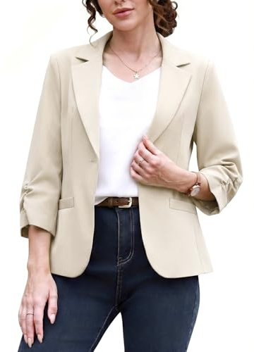 QUELDRA Women's Blazer Business Casual 3/4 Ruched Sleeve with Pockets