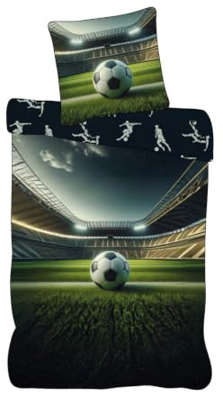 Housse de Couette Football Stade 140x200 + Taie 65x65 – 100% Coton | Parure de lit foot réversible | 100% Coton | Certifié Oeko-Tex | Idéal lit 1 personne 90x190 & 90x200 cm | Mixte