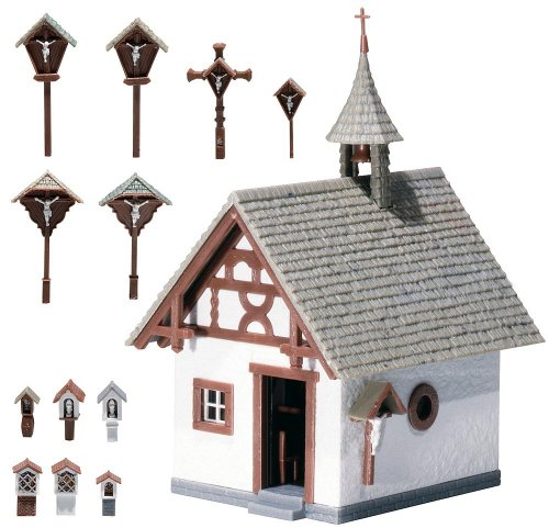 FALLER 130235 - Kapelle mit Wegkreuzen, Einheitsgröße, Braun, Weiß, Grün