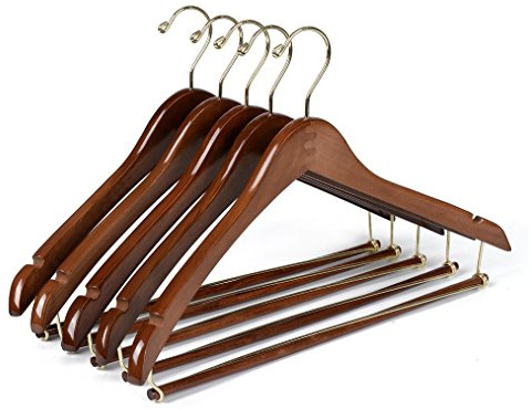 Quality Hangers Wooden Hangers Beautiful Sturdy Suit Curved Hangers Great for Travelers Heavy Duty Coat Hanger with Locking Bar Gold Hooks (5 Pack)