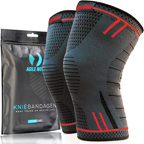 AGILE NOW® Kniebandage 2er Set Premium stabilisiert & schützt die Gelenke bei jeder Bewegung, Knie Bandage für Damen & Herren, rutschfeste & atmungsaktive Knee Pads, für jede Sportart (XL | Rot)